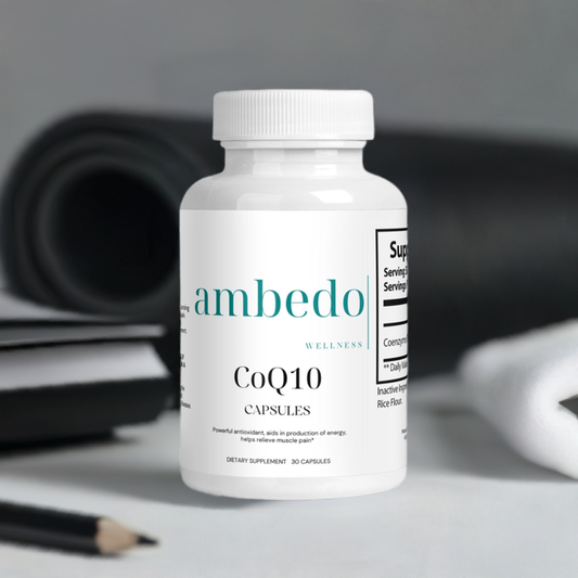 Bottle of CoQ10 Capsules with a backdrop of a healthy heart, highlighting the supplement's benefits for cardiovascular health and overall vitality.