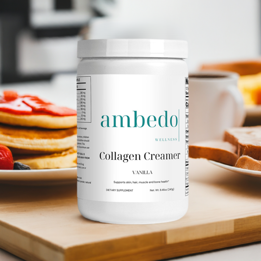Jar of Collagen Coffee Creamer with a cup of coffee, showcasing the natural and effective collagen boost for beauty and wellness.