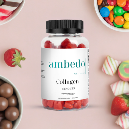 Bottle of Collagen Gummies with orange-flavored gummies spilling out, showcasing joint and skin support in a delicious form.