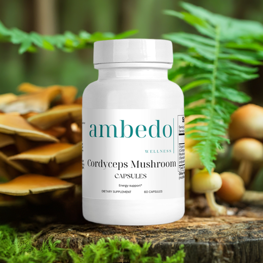 Bottle of Cordyceps Mushroom Capsules with a background of Cordyceps mushrooms, highlighting the health and performance benefits of the supplement.