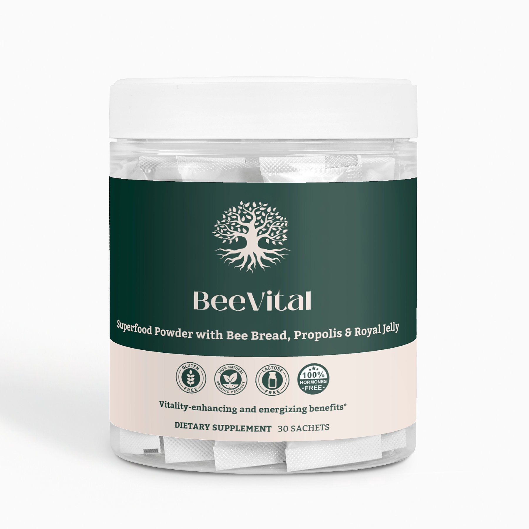 BeeVital bee powder by Ambedo Wellness with bee bread, propolis, and royal jelly for immunity and energy.