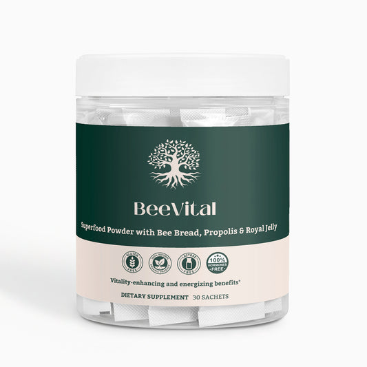 BeeVital bee powder by Ambedo Wellness with bee bread, propolis, and royal jelly for immunity and energy.