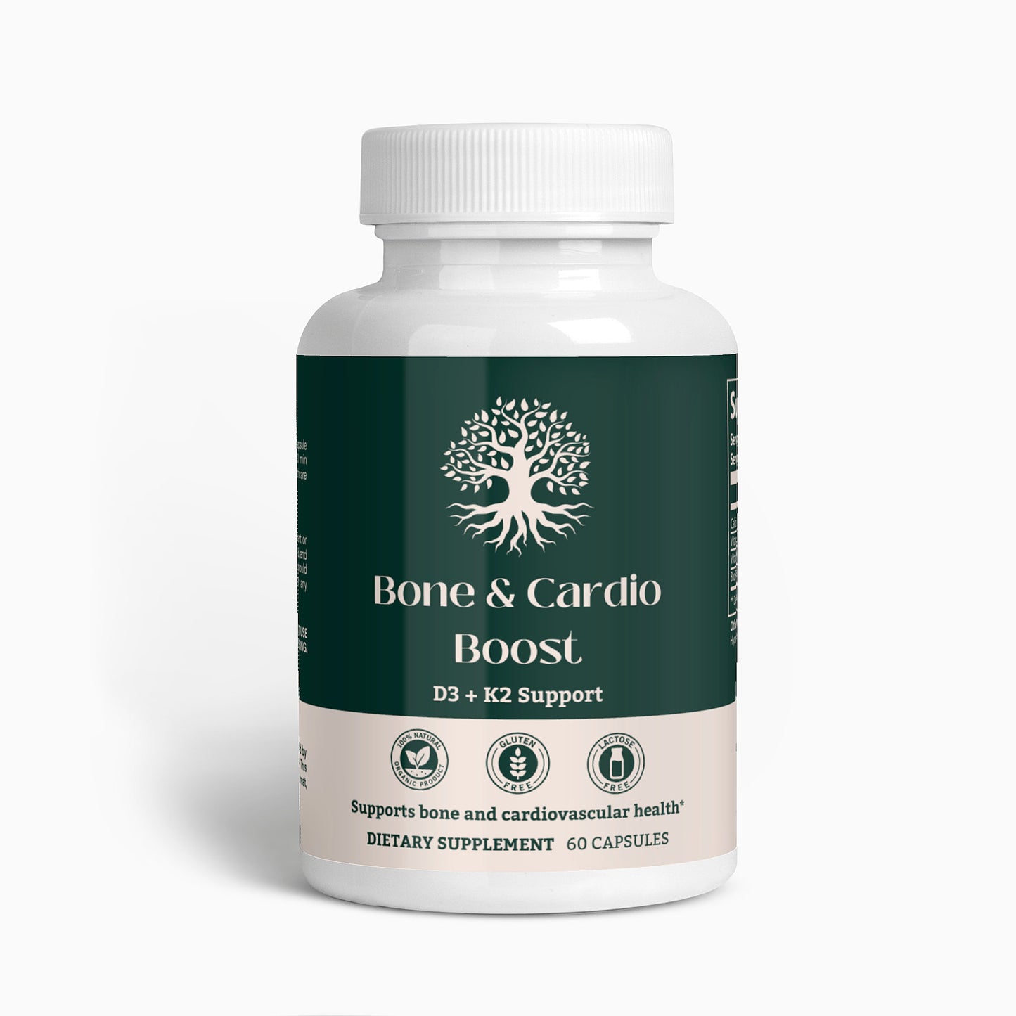 Bone & Cardio Boost D3 and K2 supplement bottle front view for bone and heart health.