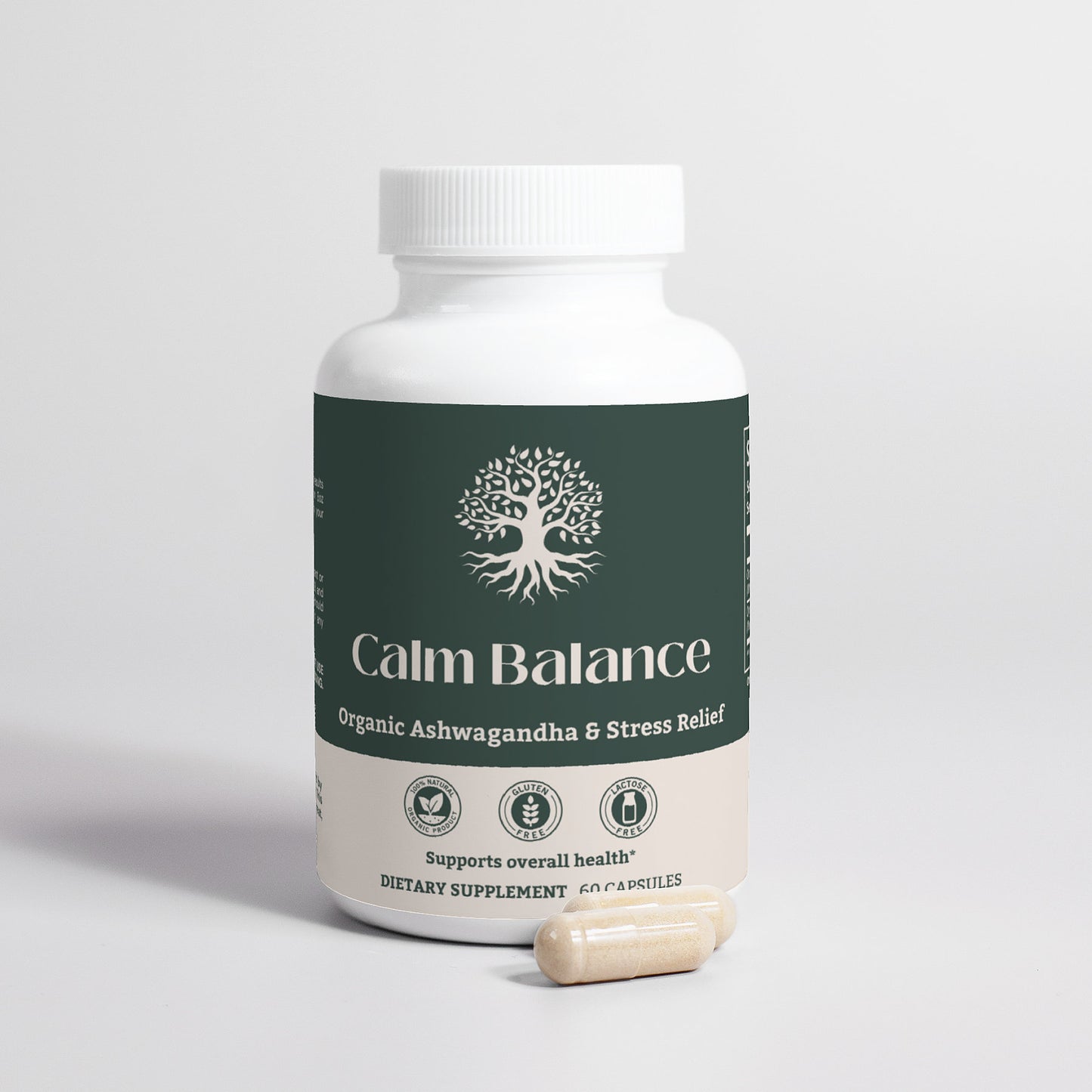 Closeup of Calm Balance Ashwagandha capsules designed for natural stress relief and vitality.