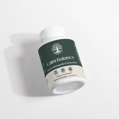 Organic Ashwagandha supplement ingredients featuring Ashwagandha root and black pepper for enhanced absorption.