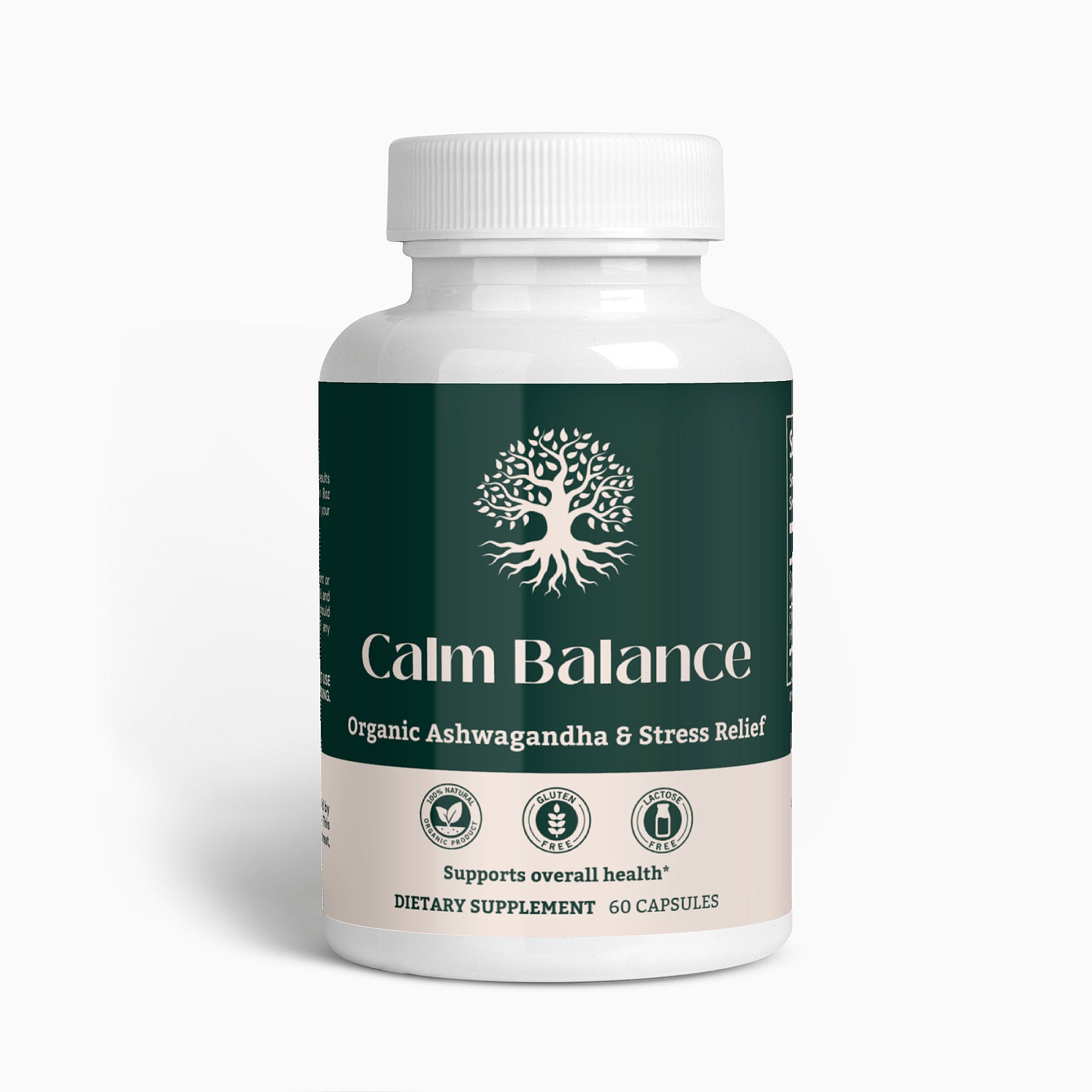 Calm Balance organic Ashwagandha supplement bottle front view for stress relief and mental clarity.