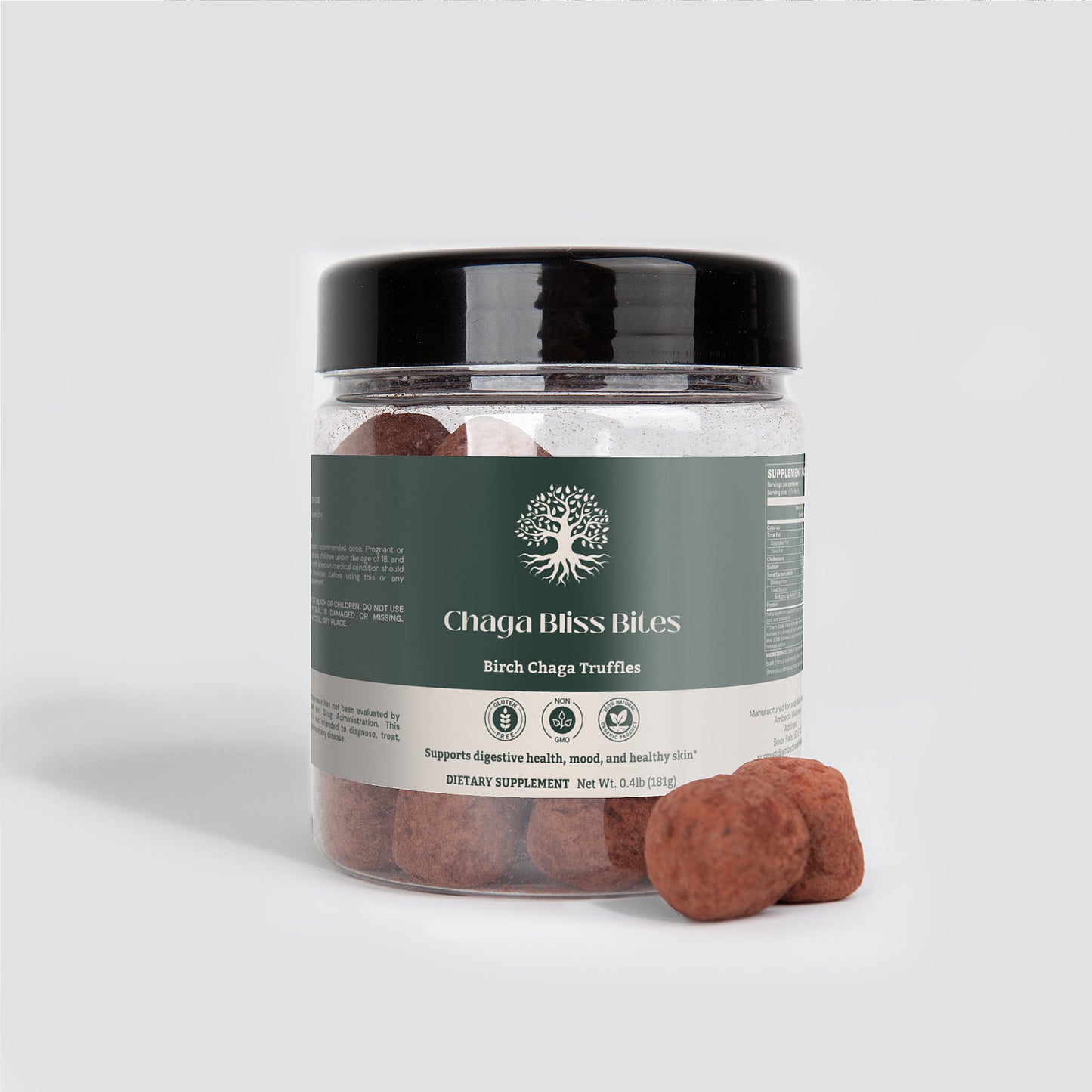 Chaga Bliss Bites made with natural antioxidants, birch chaga, and pine bark for balanced wellness