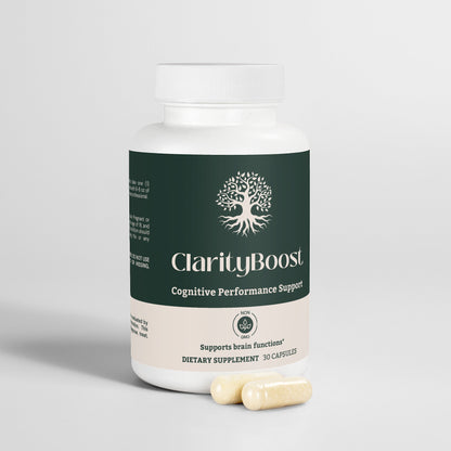 ClarityBoost supplement promoting brain health and memory support with GABA, Alpha GPC, and Phosphatidylserine.