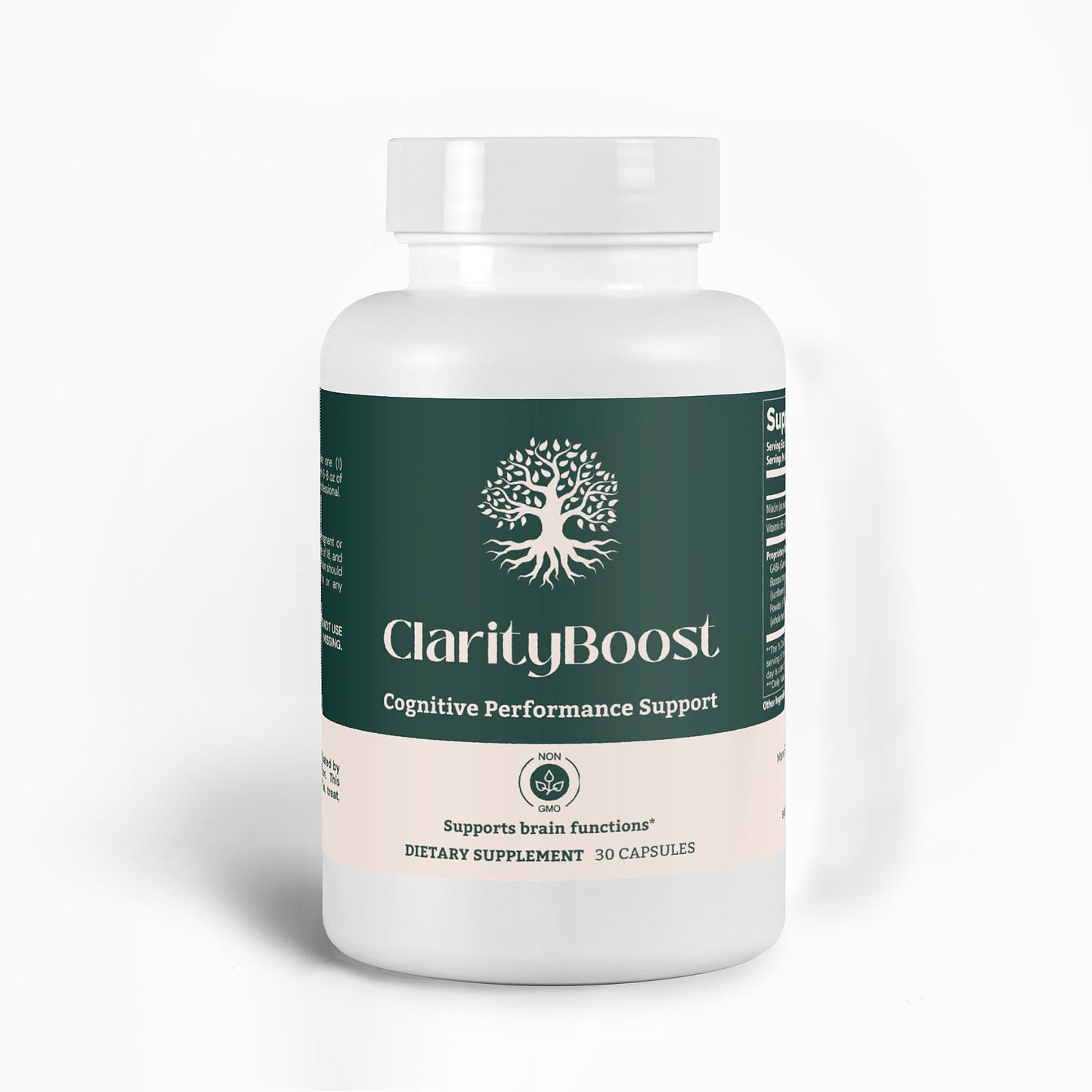 ClarityBoost cognitive support supplement bottle front view for mental clarity, focus, and cognitive enhancement.