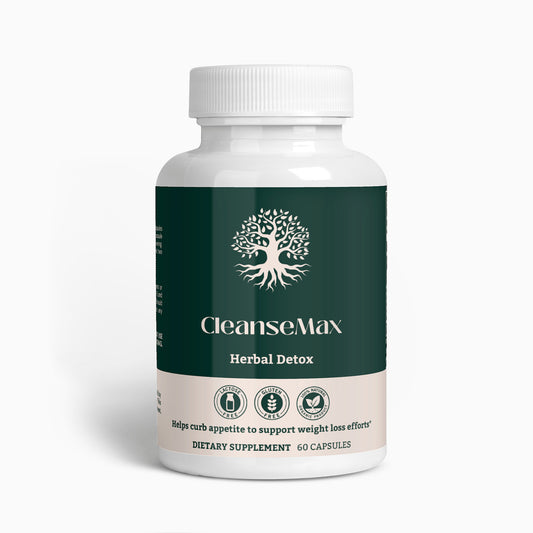 CleanseMax herbal detox supplement bottle featuring premium cleansing ingredients for digestive health.