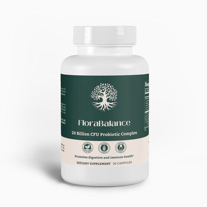 Bottle of FloraBalance 20 Billion CFU Probiotic Complex dietary supplement shown from the front, highlighting key benefits for digestive and immune health.