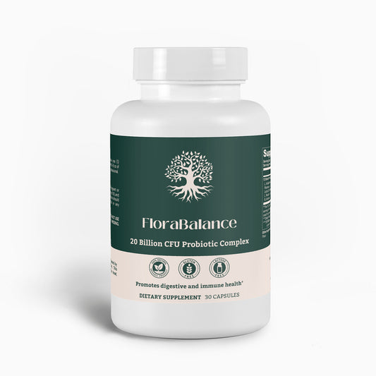 Bottle of FloraBalance 20 Billion CFU Probiotic Complex dietary supplement shown from the front, highlighting key benefits for digestive and immune health.