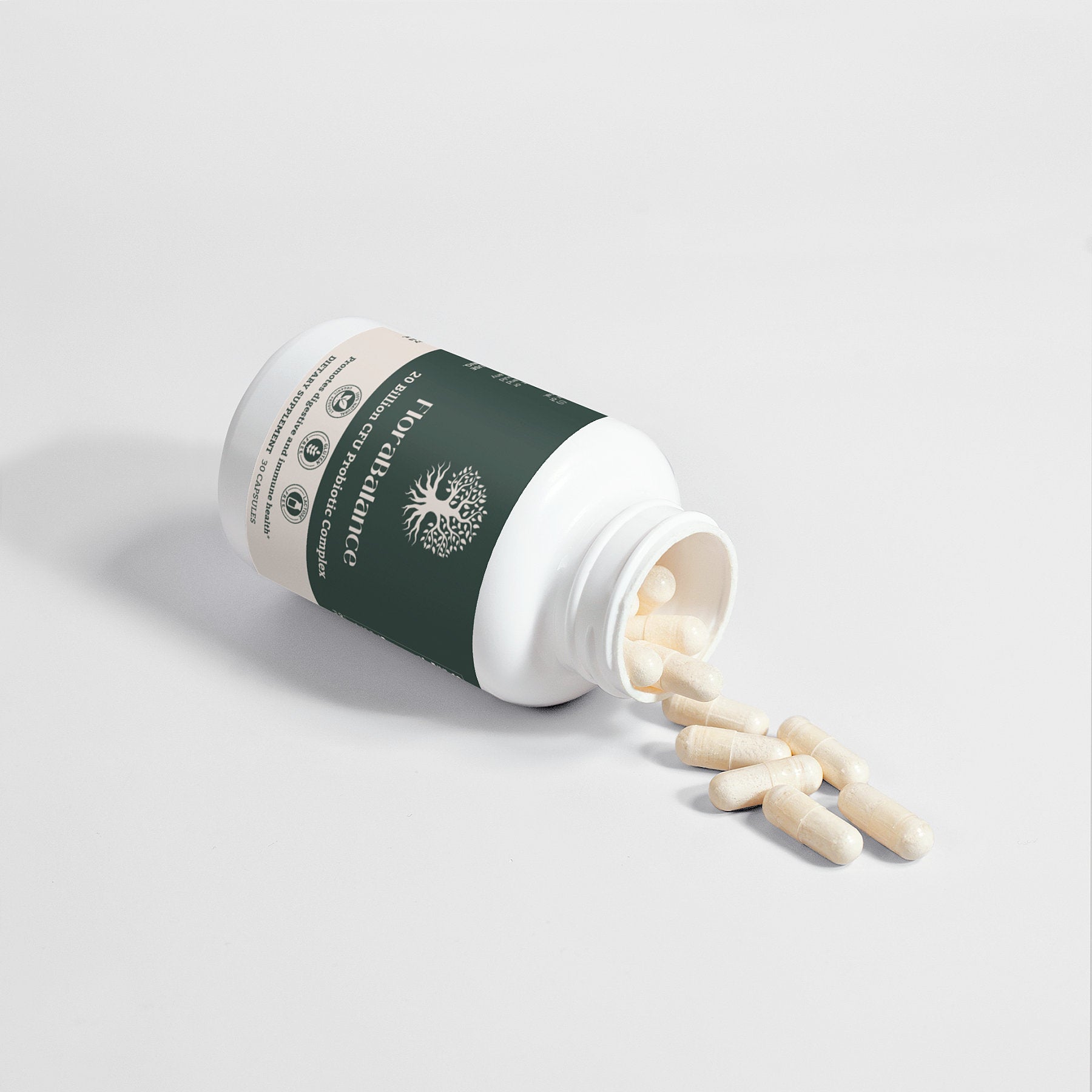 Close-up of FloraBalance 20 Billion CFU Probiotic Complex capsules, showcasing high-quality vegetable capsules for gut flora support.