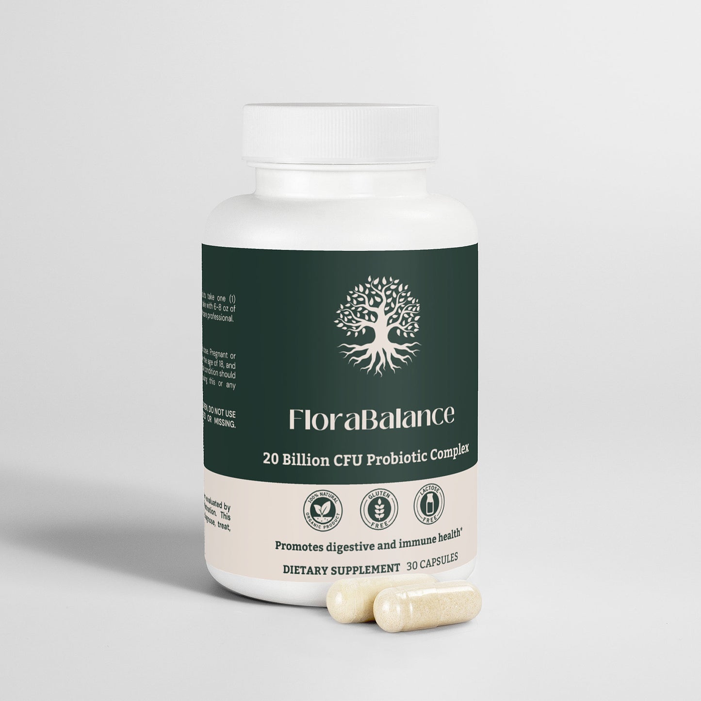 Key ingredients of FloraBalance 20 Billion CFU Probiotic Complex listed, including 10 live probiotic strains and brown rice flour.