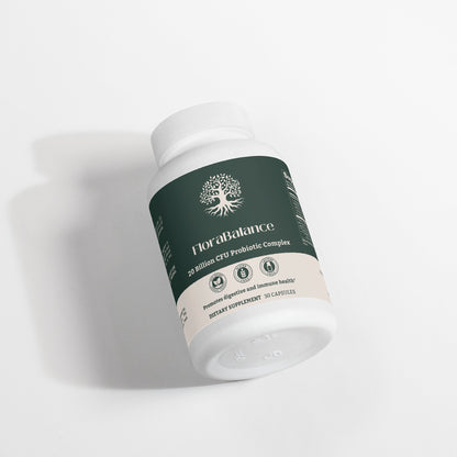 Lifestyle image of FloraBalance 20 Billion CFU Probiotic Complex in a wellness setup, emphasizing its role in digestive and immune health.