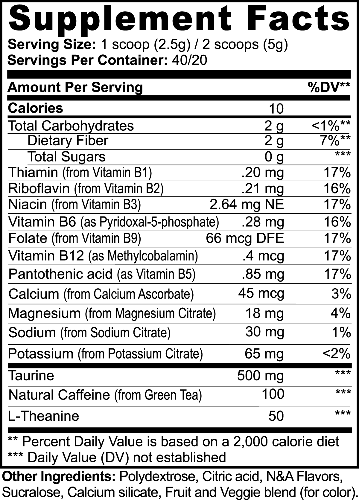 Detailed product label of Fruit Punch Energy Powder by Ambedo Wellness, showing ingredient list and nutritional information.