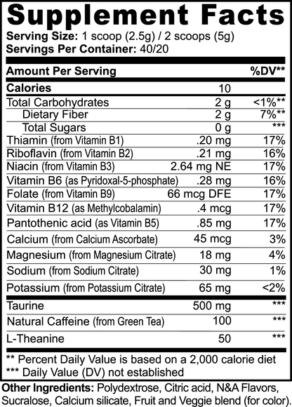 Detailed product label of Fruit Punch Energy Powder by Ambedo Wellness, showing ingredient list and nutritional information.