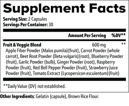 Antioxidant-rich VitalBlend Fruits & Greens Complex capsules with raspberry, blueberry, and tomato extract for cellular wellness