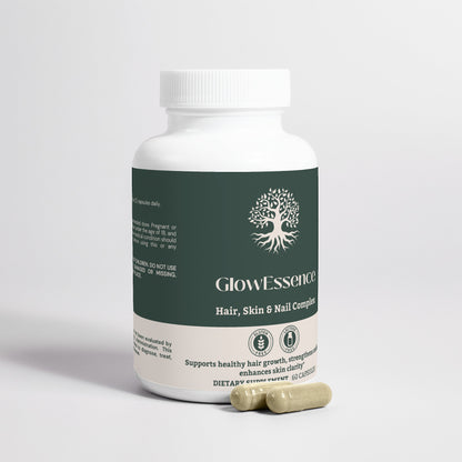 Benefits of GlowEssence Hair, Skin & Nail Complex supplement, promoting hair growth, skin clarity, and nail strength.