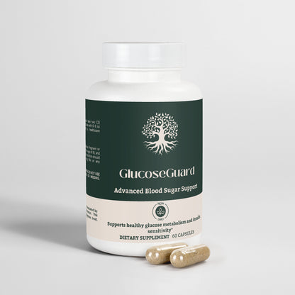 Two GlucoseGuard capsules shown as the recommended daily dosage for healthy glucose metabolism and insulin sensitivity.