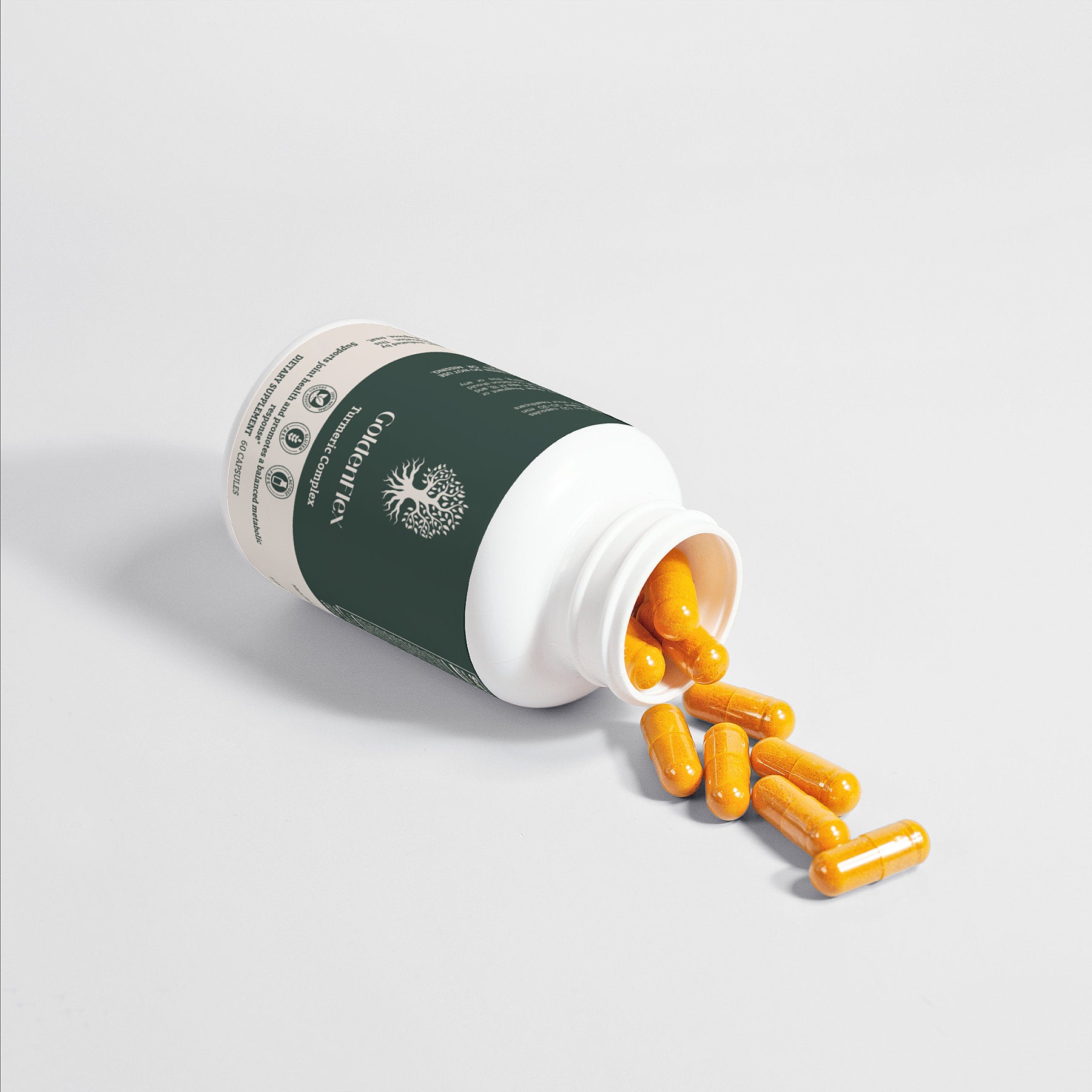 Close-up of GoldenFlex Turmeric Complex ingredient list, including turmeric, glucosamine, Boswellia, and BioPerine® for enhanced bioavailability.