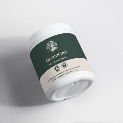 GreenFuel Ultra Cleanse Powder nutritional label showcasing organic ingredients, adaptogens, and antioxidant-rich superfoods.