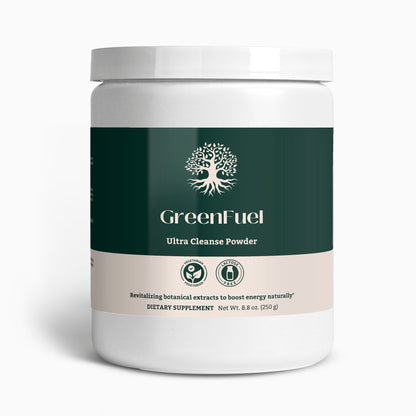 GreenFuel Ultra Cleanse Powder product jar, a premium superfood blend with organic grasses, fruits, and vegetables for optimal wellness.