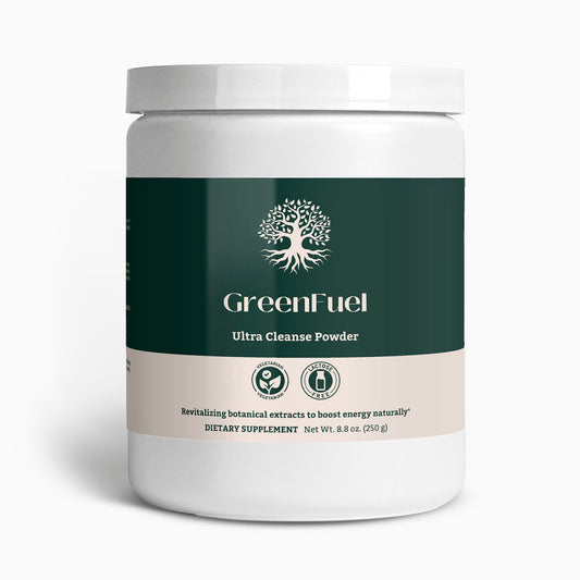 GreenFuel Ultra Cleanse Powder product jar, a premium superfood blend with organic grasses, fruits, and vegetables for optimal wellness.