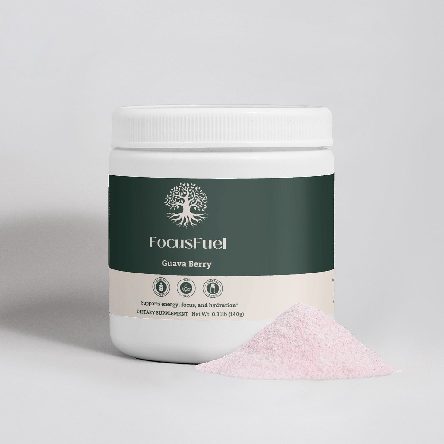 Scoop of Guava Berry Energy Powder, showcasing vibrant guava berry flavor for clean energy and hydration.