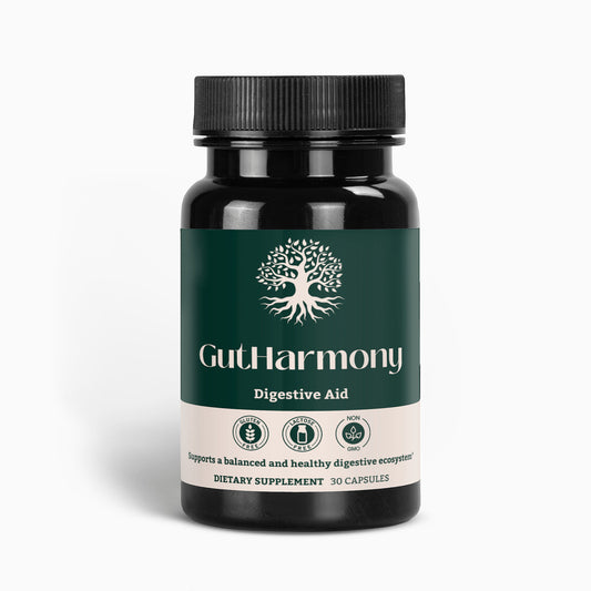 Front view of GutHarmony Digestive Capsules by Ambedo Wellness, featuring Birch Chaga and Pine Bark extracts for gut health.