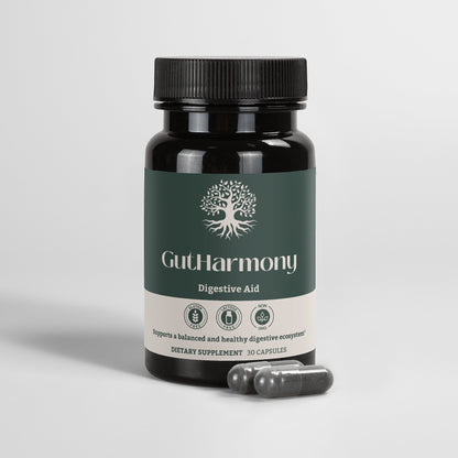 Detailed ingredients of GutHarmony Digestive Capsules, including Birch Chaga, Pine Bark extract, and cellulose capsule.