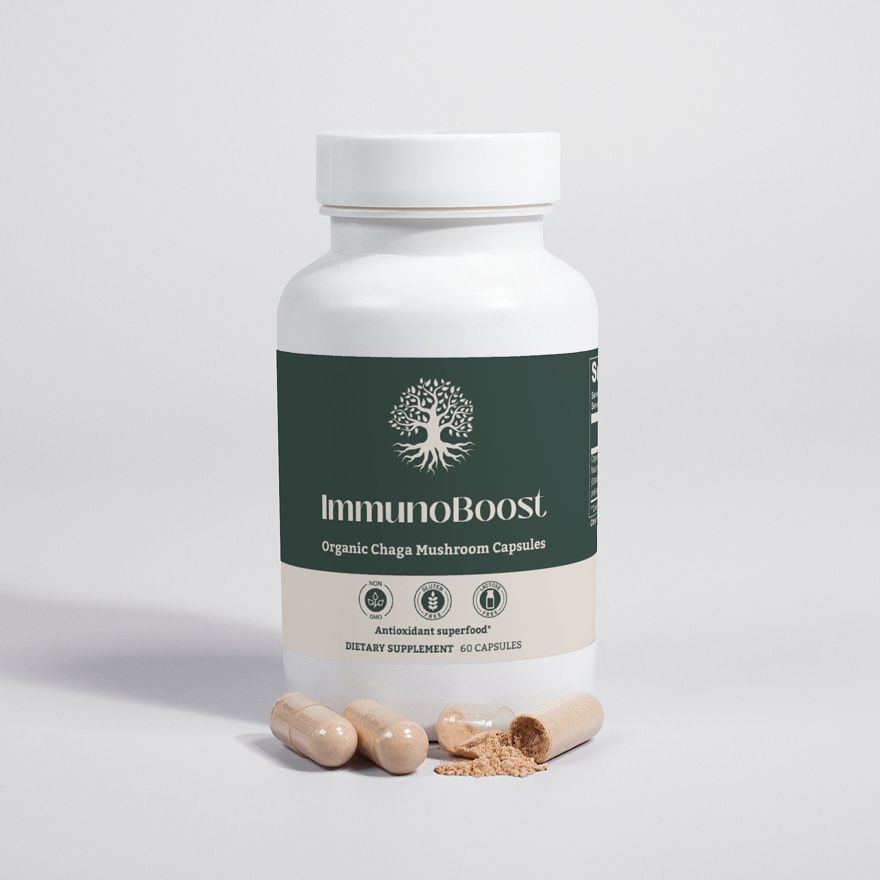 ImmunoBoost supplement promoting immune system support with Chaga mushroom's natural phytochemicals.