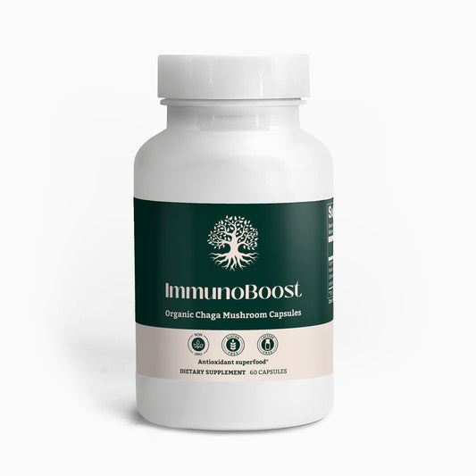 ImmunoBoost organic Chaga mushroom supplement bottle front view for immune support and gut health.