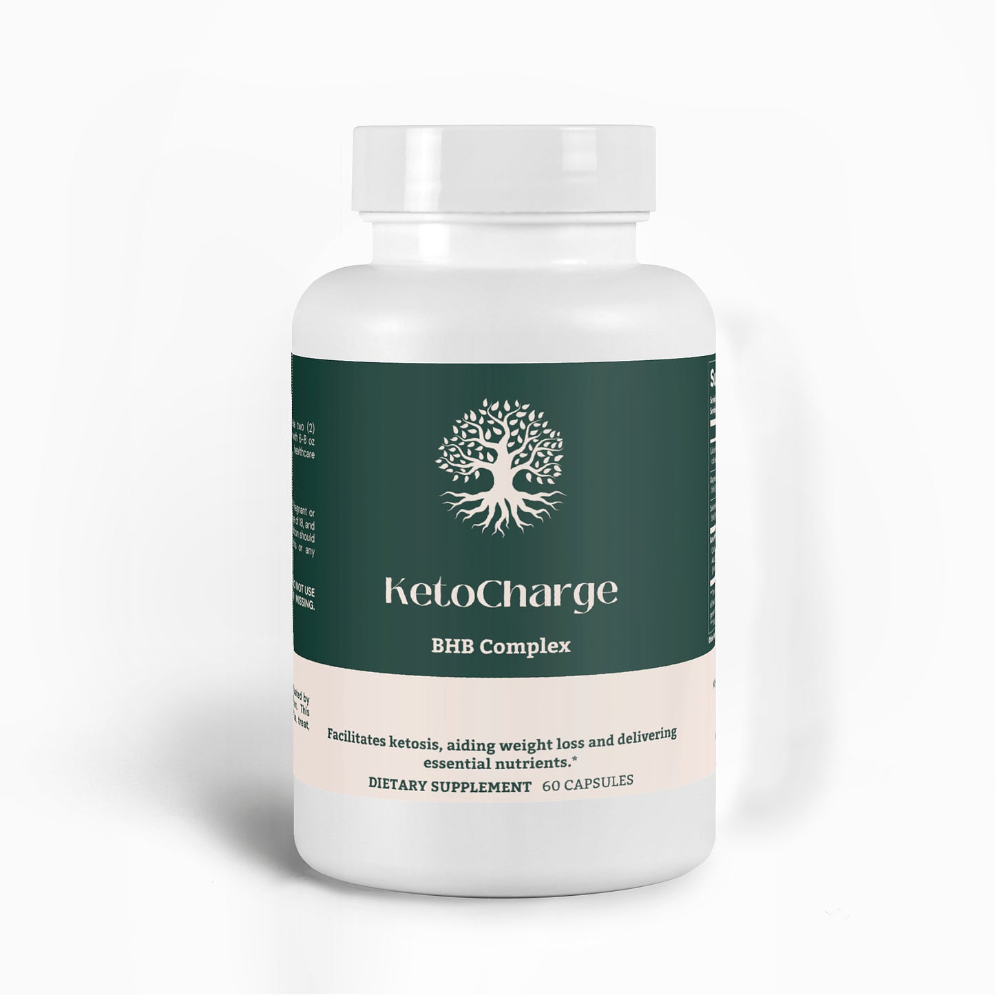 KetoCharge BHB Complex capsules bottle on a clean white background, featuring premium ketogenic support supplement with BHB salts and MCT Powder.