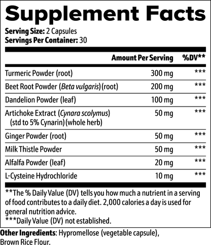 Back label of LiverRenew Detox & Support Formula bottle showing ingredient list, suggested use, and product details.