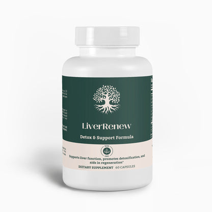 Front view of LiverRenew Detox & Support Formula bottle showcasing 60 capsules, natural liver support supplement by Ambedo Wellness.