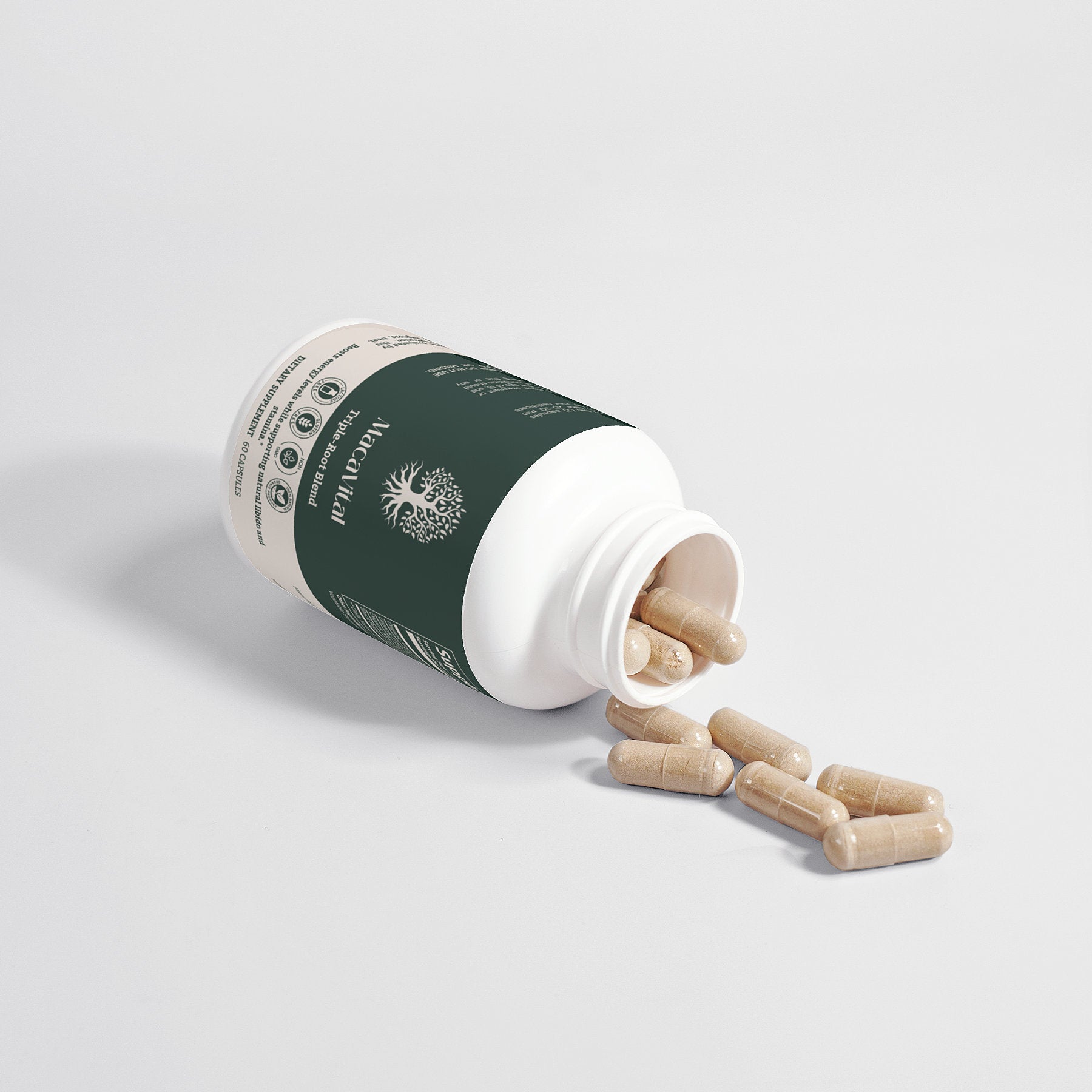 Close-up of MacaVital Triple-Root Blend capsules showcasing high-quality organic maca root ingredients.