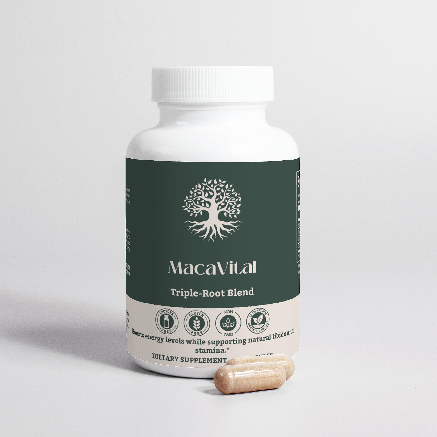 Ingredients of MacaVital Triple-Root Blend including organic red, black, and yellow maca roots with black pepper for absorption.