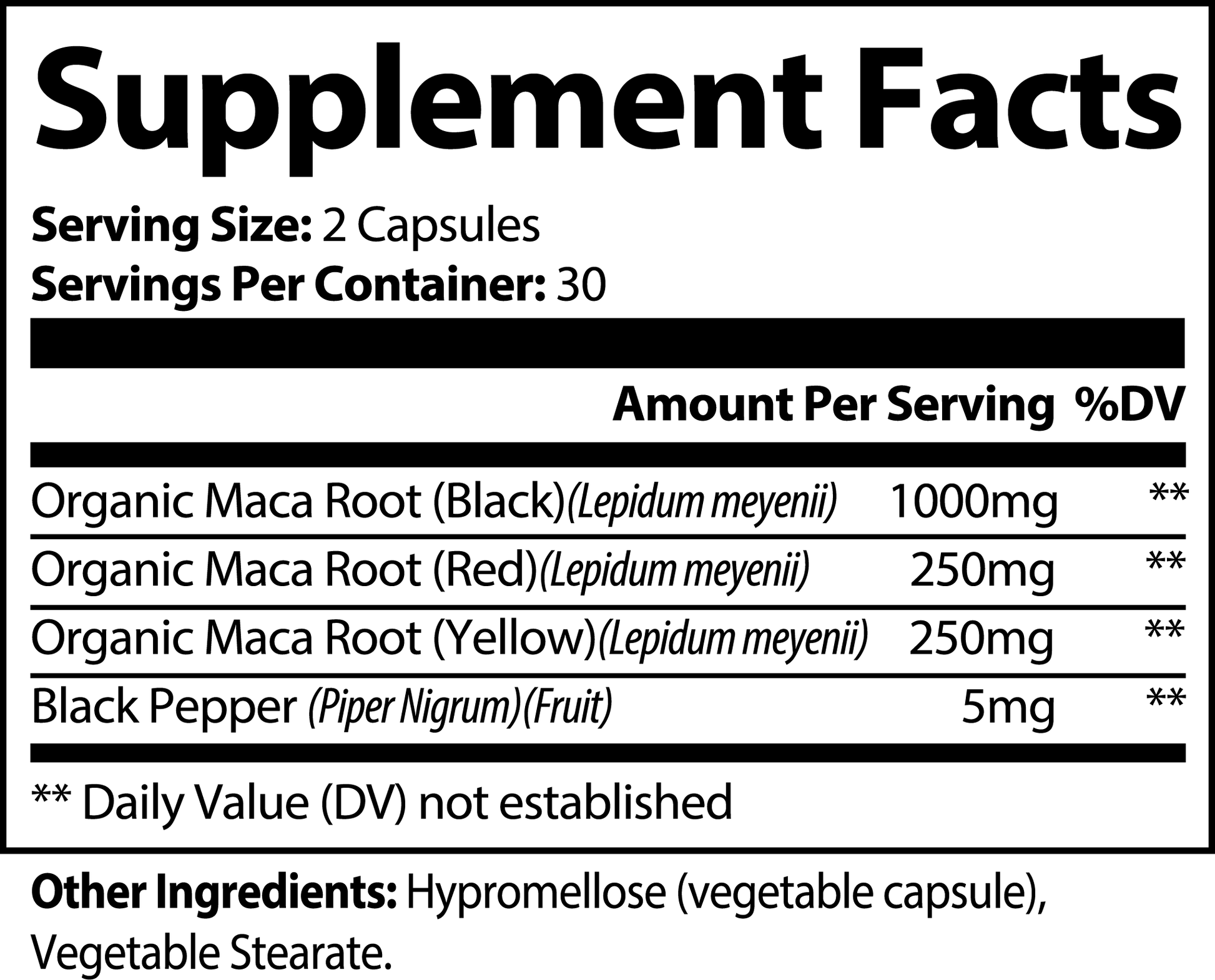 Supplement facts label of MacaVital Triple-Root Blend, showing 1500mg of organic maca root blend per serving.