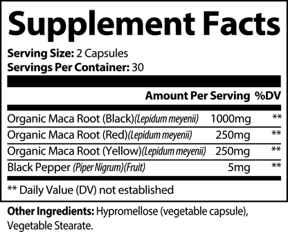 Supplement facts label of MacaVital Triple-Root Blend, showing 1500mg of organic maca root blend per serving.