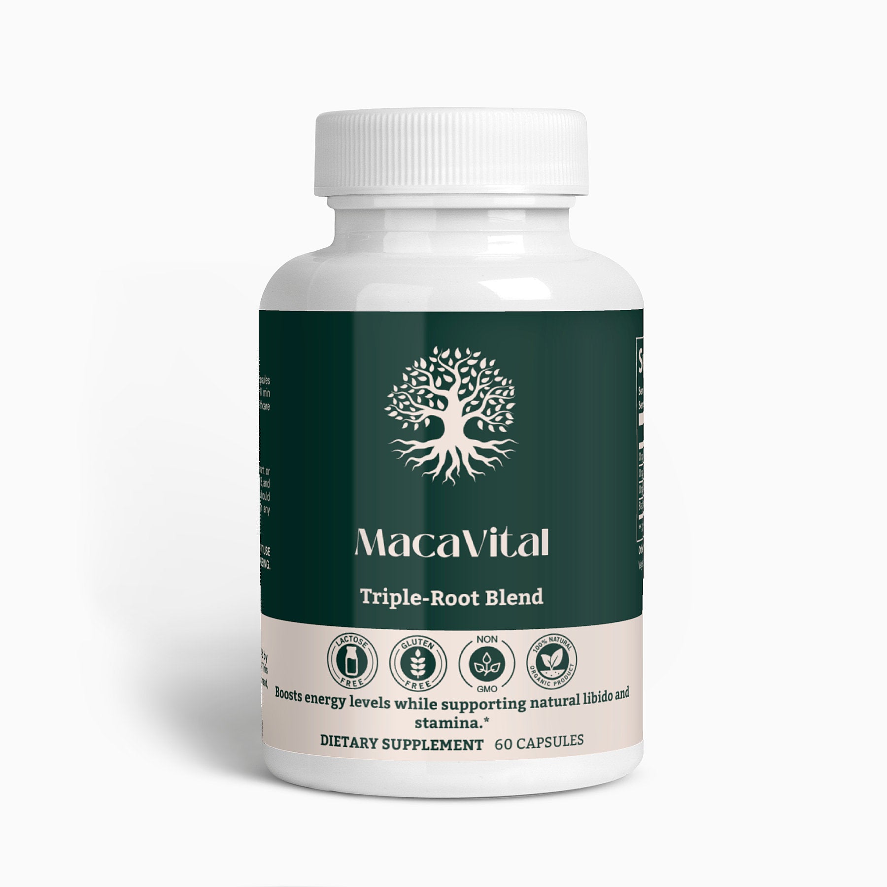 MacaVital Triple-Root Blend capsules bottle featuring organic red, black, and yellow maca roots for energy and hormonal support.