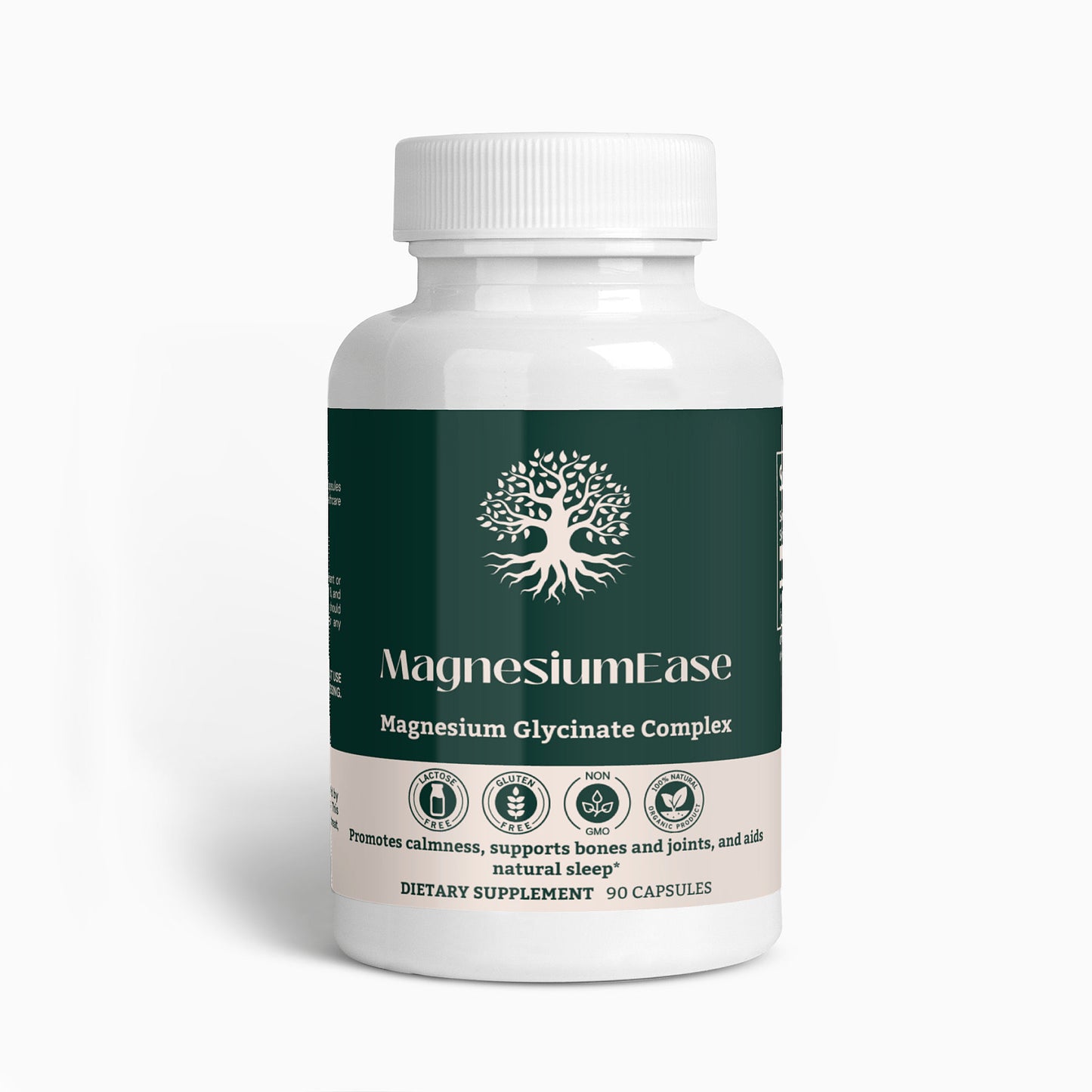 Front view of MagnesiumEase Glycinate Complex bottle, showcasing the label and product details.