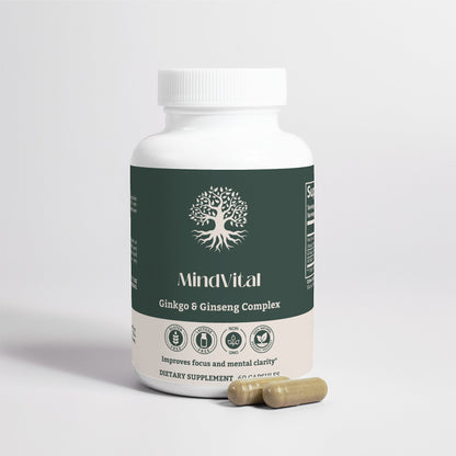 Close-up of MindVital Ginkgo & Ginseng Complex capsules for enhanced mental clarity and immune support.