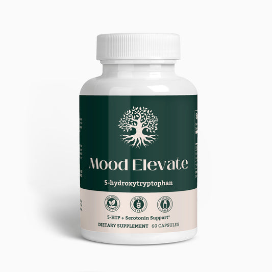 Mood Elevate 5-HTP supplement bottle front view with serotonin support benefits.