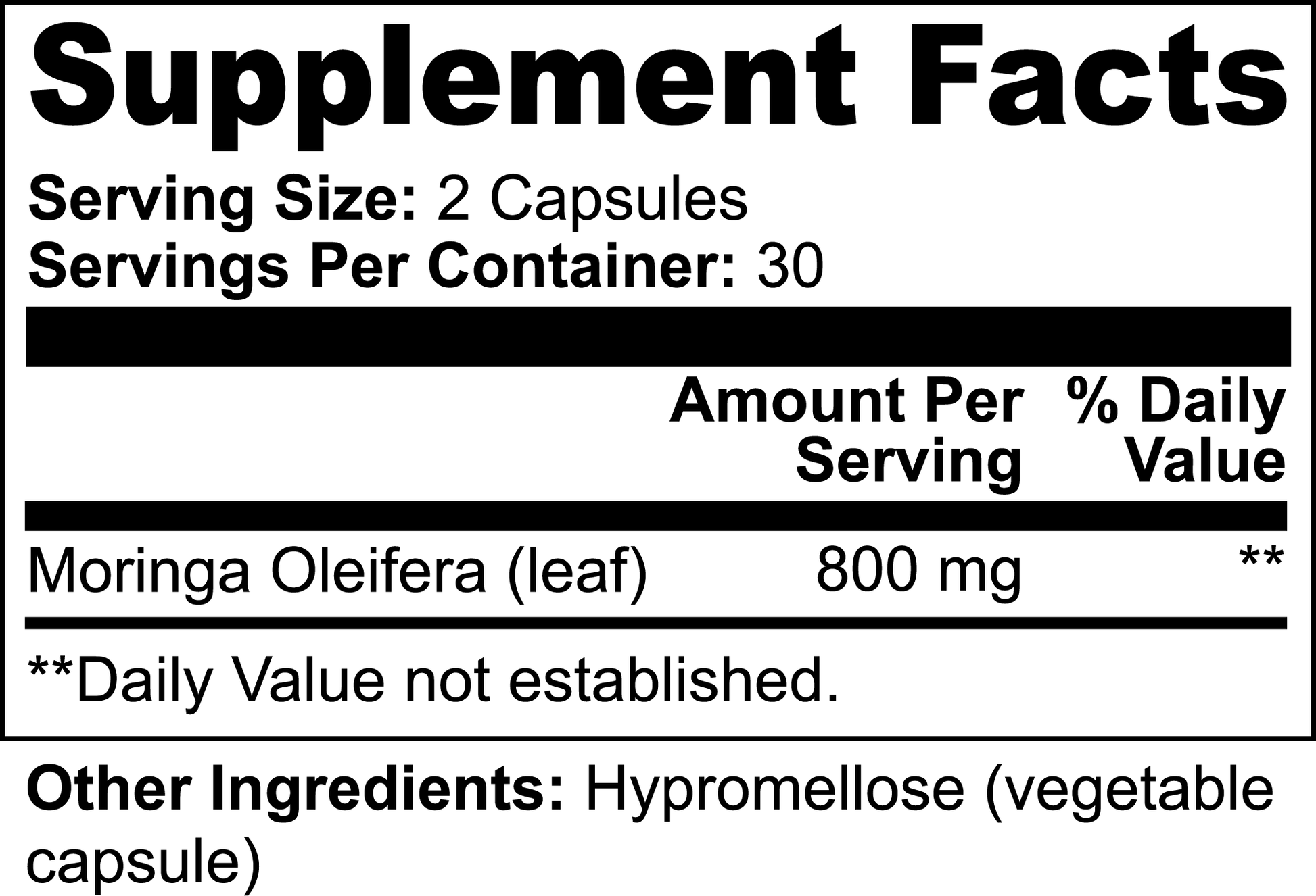 MoringaVital Leaf Complex bottle with key benefits text overlay, emphasizing antioxidant support, inflammation response, and vitality boost.