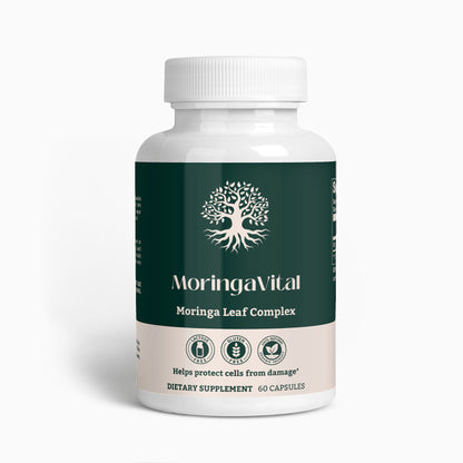 Front view of MoringaVital Leaf Complex bottle, a plant-based supplement by Ambedo Wellness, highlighting its premium ingredients for wellness support.
