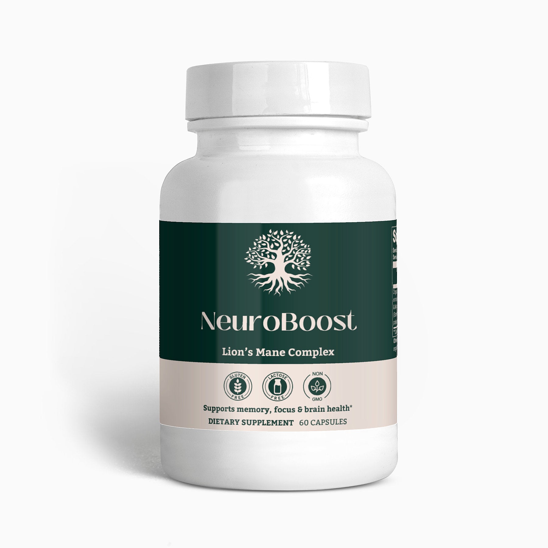 Front view of NeuroBoost Lion’s Mane Complex bottle, showcasing premium cognitive support supplement by Ambedo Wellness.