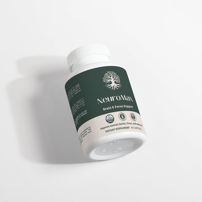 NeuroMax supplement ingredients list featuring DMAE, L-Glutamine, L-Tyrosine, and Bacopa Monnieri.