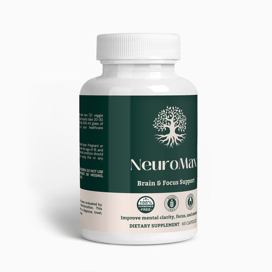 NeuroMax brain and focus support supplement bottle front view for enhanced cognitive function and mental clarity.