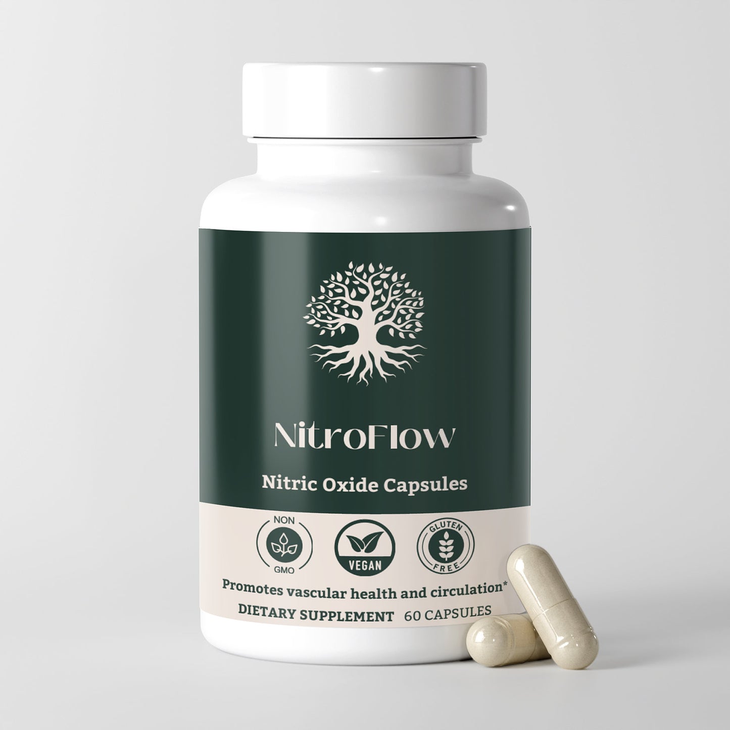 Lifestyle image of NitroFlow Performance Capsules promoting fitness, muscle growth, and healthy circulation.